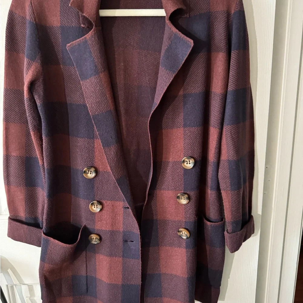 Marled Blazer, XS, Navy & Rust Large Checks, Double Breasted and Collared, NWOT - Picture 6 of 6